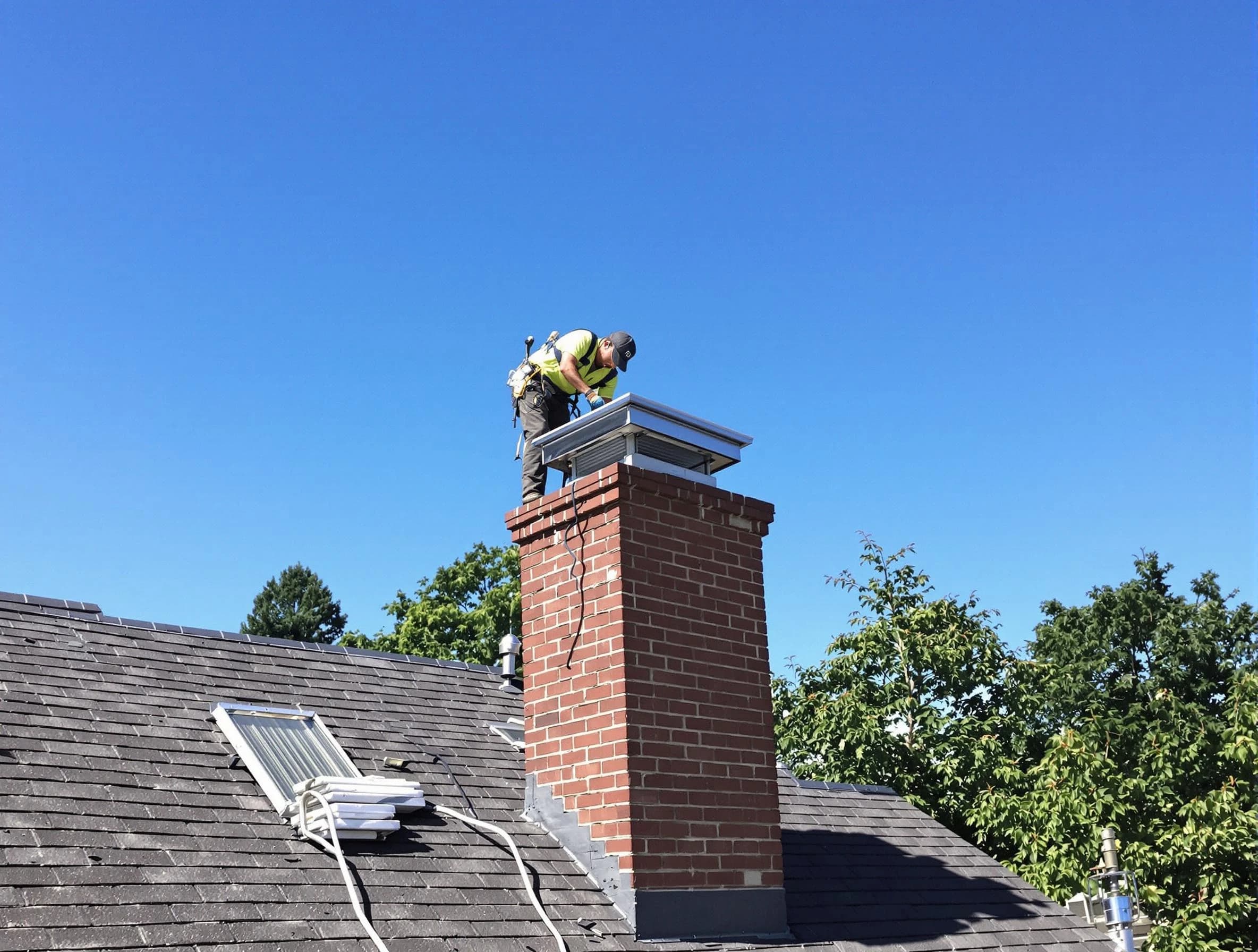 Lynn Chimney Sweep technician measuring a chimney cap in Lynn, MA